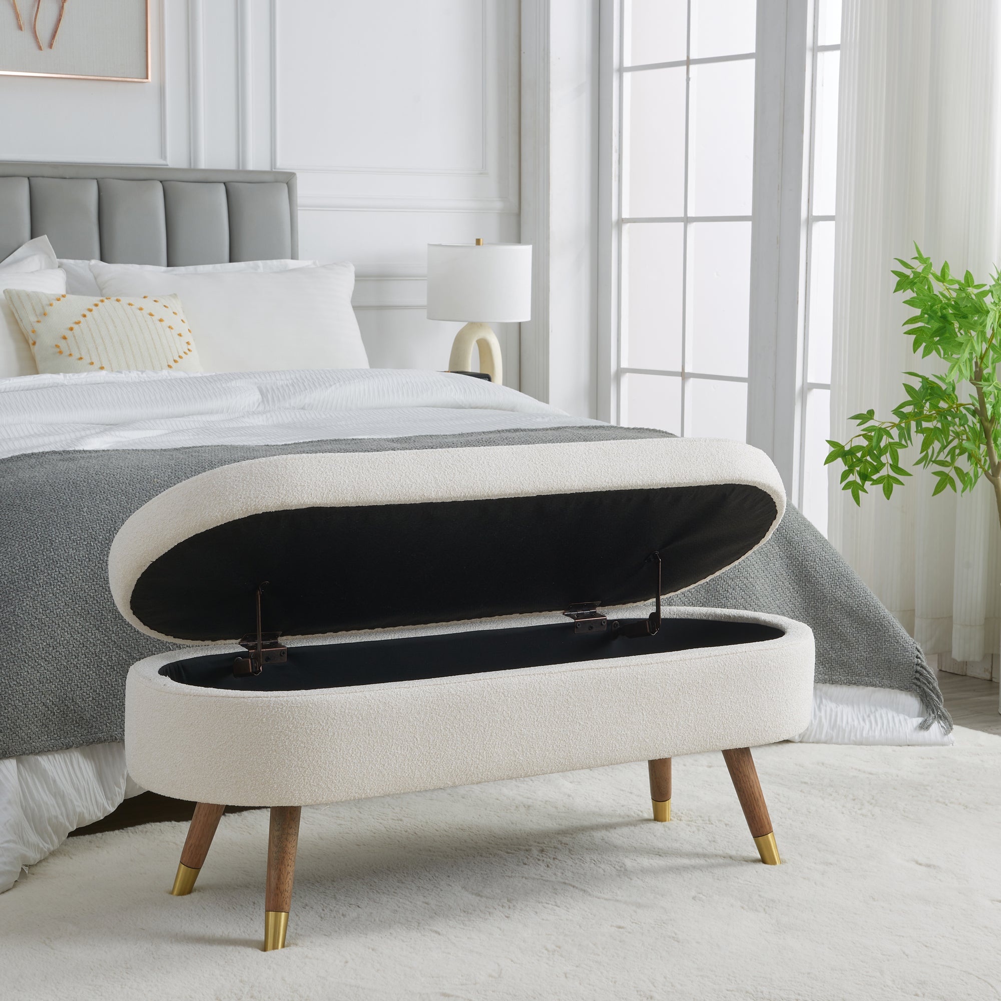 Upholstered Storage Bench with Golden Metal Legs