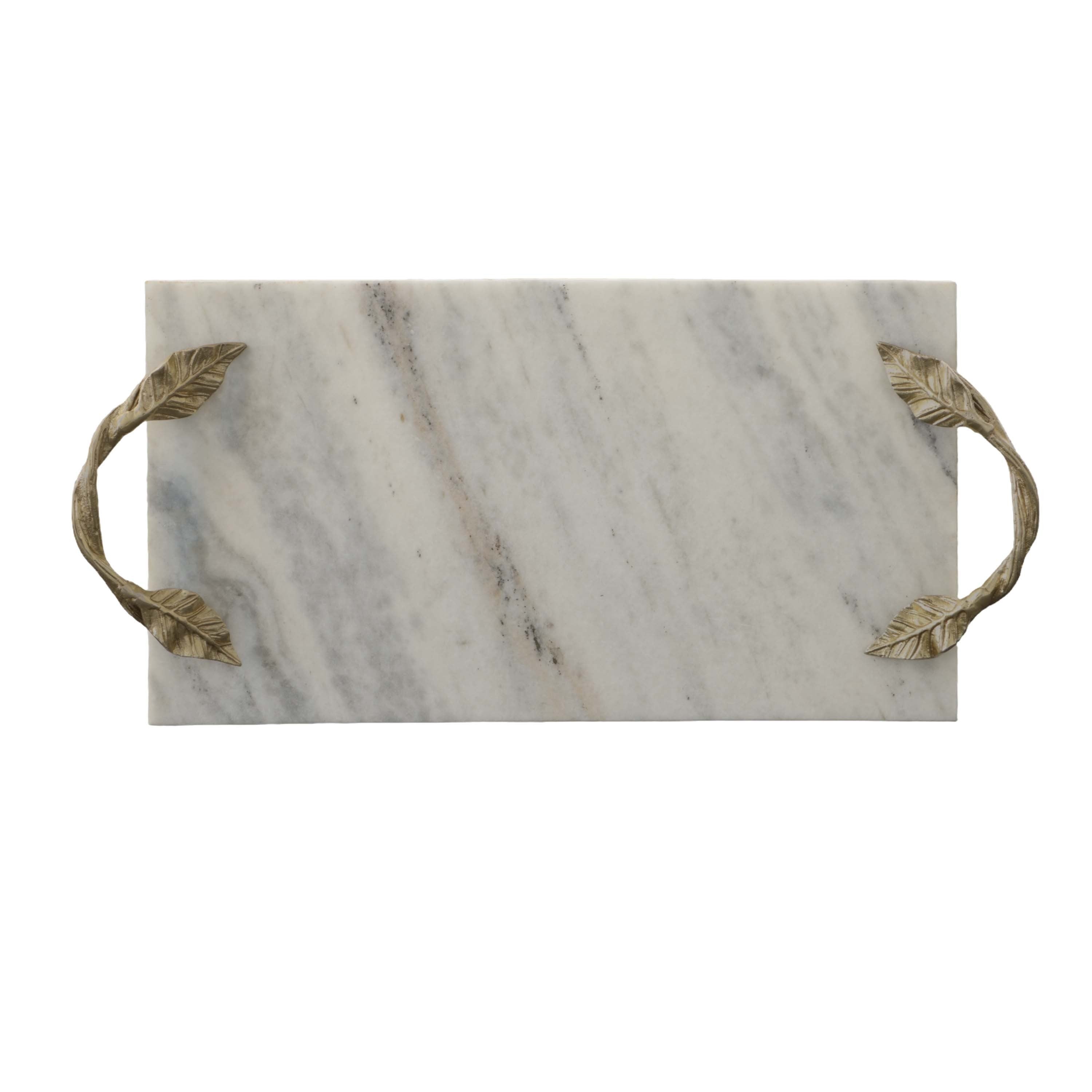 Decor Tray with Marble Frame and Carved Metal Handles