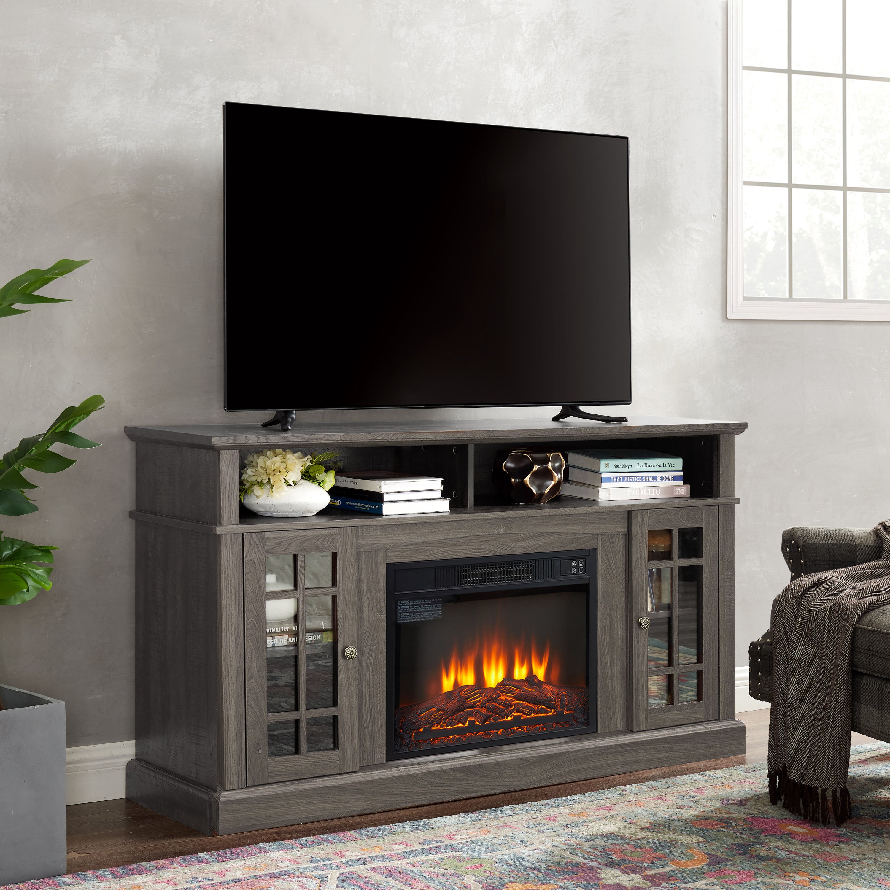 Modern TV Media Stand With Insert Fireplace