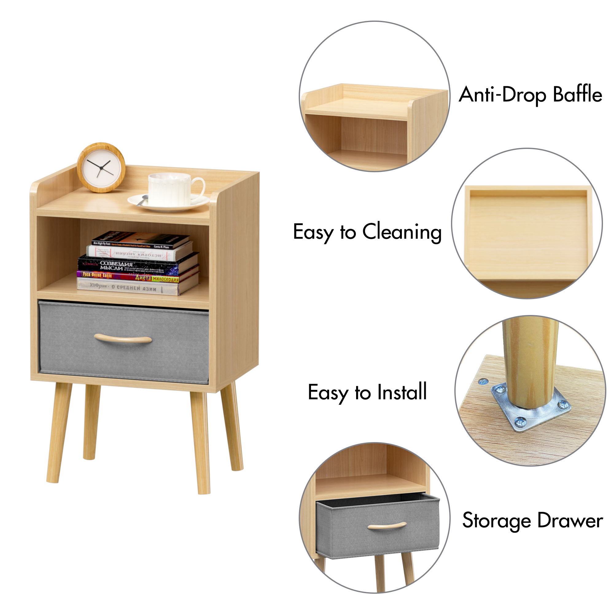 Wood Nightstand With Collapsible Fabric Drawer