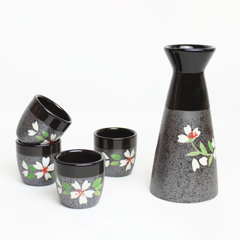 Traditional red Flower Japanese sake set (1 pot + 4 cups)