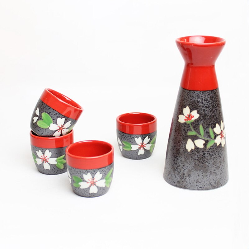 Traditional red Flower Japanese sake set (1 pot + 4 cups)