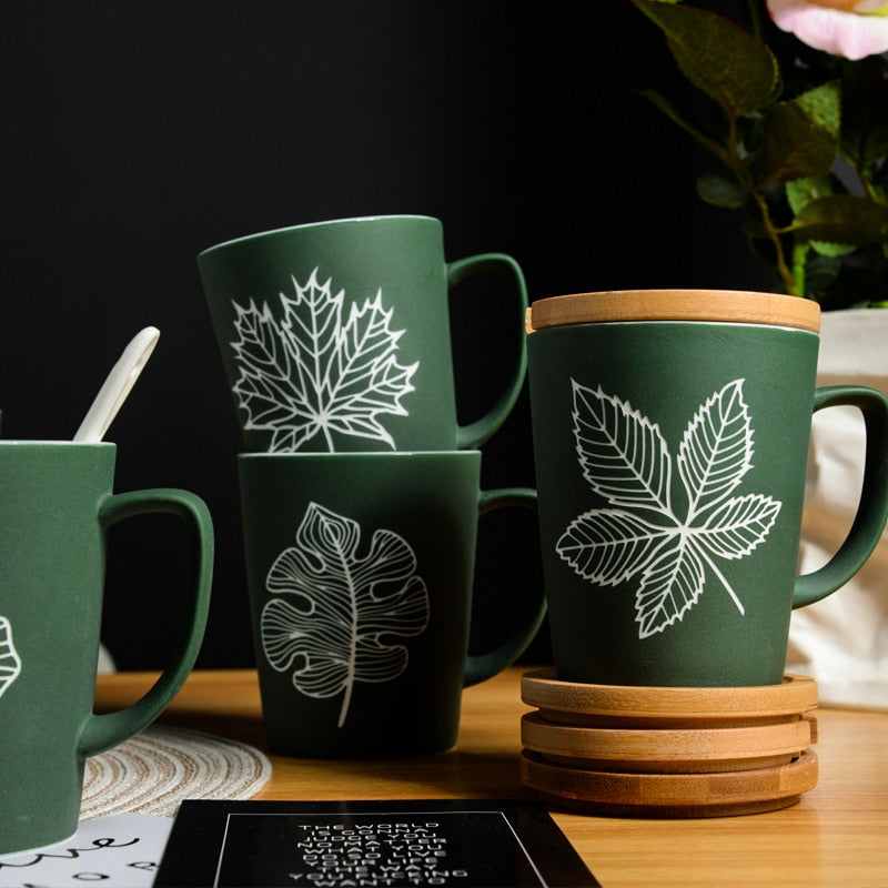 Large ceramic leaf design coffee mug