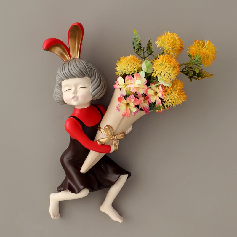Rabbit girl wall vase statue